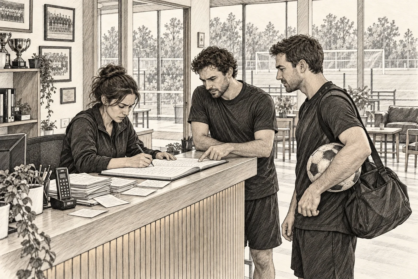 Ilustración a mano de una recepcionista estresada anotando reservas mientras esperan dos jugadores