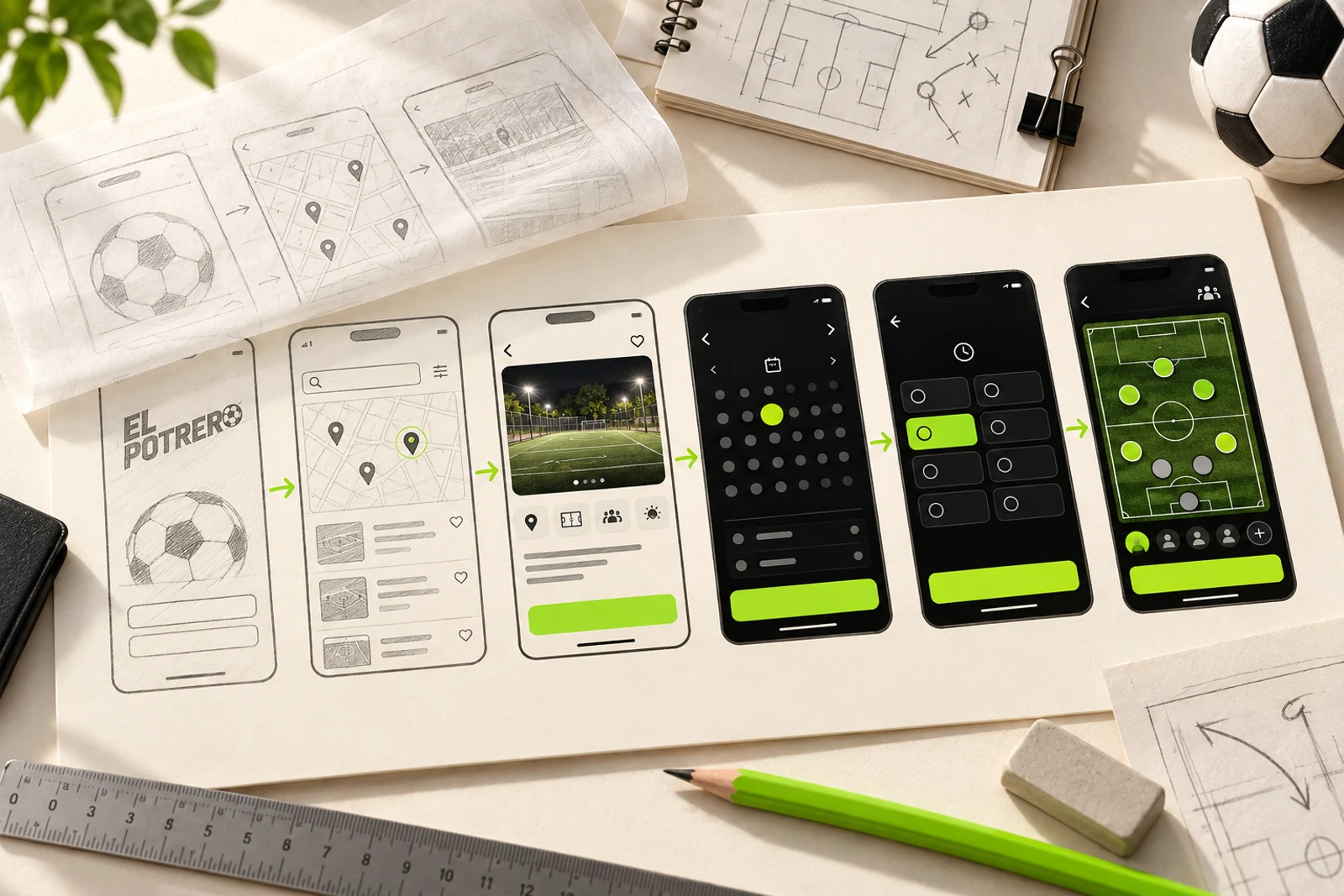 Arquitectura de El Potrero: canchas, jugadores, reservas y chat. Representación conceptual.