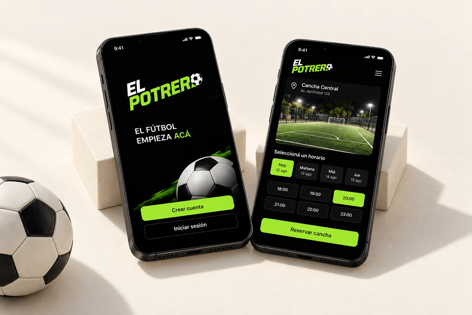 Diseño de El Potrero con su identidad negra y verde lima. Representación conceptual.