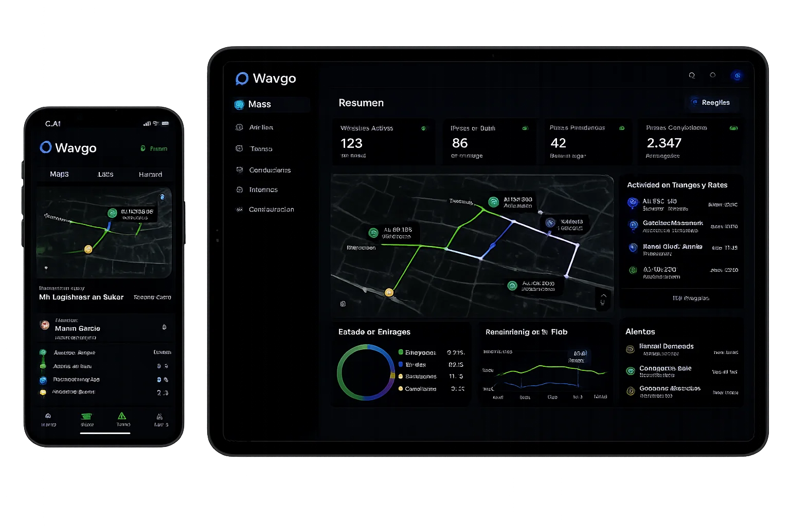 Vista de Waygo en tablet y teléfono con mapa de recorridos, estado de entregas y alertas